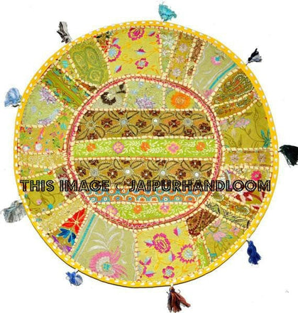 Hippie 17" round embroidered Patchwork floor cushion pouf Vintage Floor Pillows Stool-Jaipur Handloom