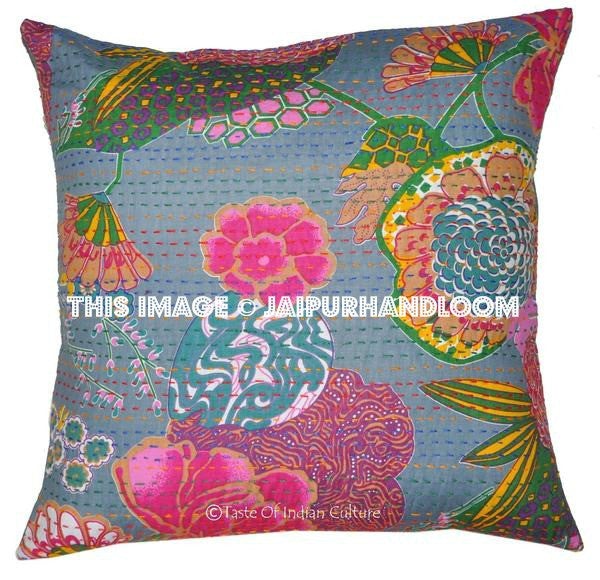 Hippie Kantha pillow Cover, Gray Cushions, Floral Pillow Covers, Indian decorative throw pillows-Jaipur Handloom
