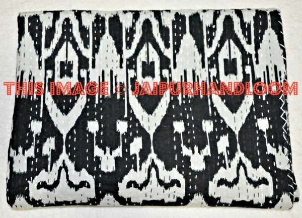 Ikat Kantha Quilt in Black, Queen Bedspread, Ikat Kantha Blanket, Handmade Bedding Throw, Sofa Couch Cover-Jaipur Handloom
