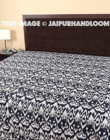 Ikat Kantha Quilt in Black, Queen Bedspread, Ikat Kantha Blanket, Handmade Bedding Throw, Sofa Couch Cover-Jaipur Handloom