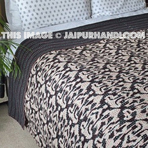 Ikat Kantha Quilt in Black, ikat quilt bed cover bedding-Jaipur Handloom