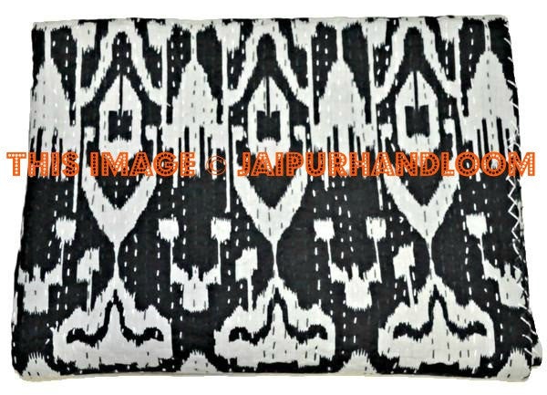 Ikat Queen Kantha Bedspread Cotton Kantha Bedding Throw Quilt-Jaipur Handloom