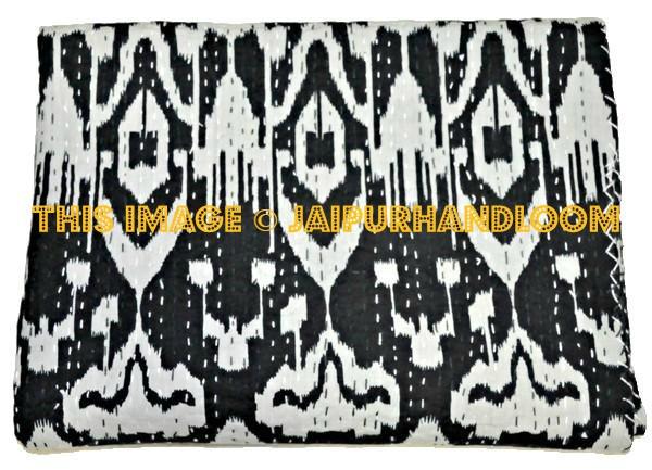 Ikat Quilt in Black, ikat Kantha Quilt Ikat throw Blanket-Jaipur Handloom