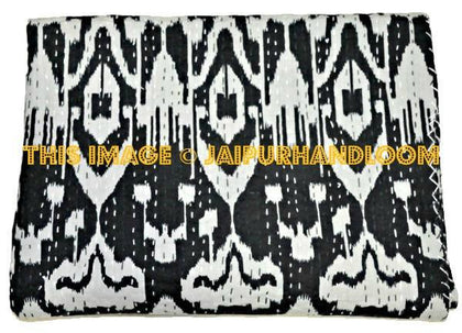 Ikat Quilt in Black, ikat Kantha Quilt Ikat throw Blanket-Jaipur Handloom