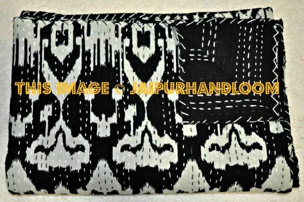 Ikat Quilt in Black, ikat Kantha Quilt Ikat throw Blanket-Jaipur Handloom