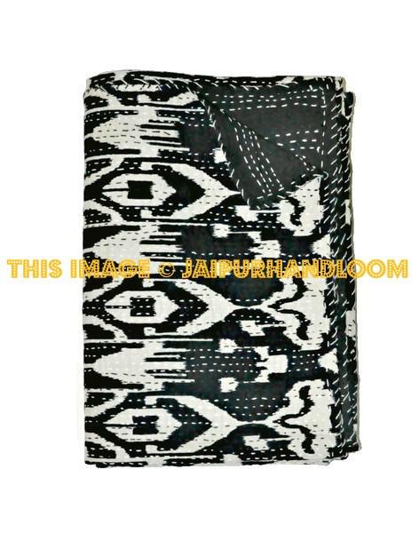 Ikat Quilt in Black, ikat Kantha Quilt Ikat throw Blanket-Jaipur Handloom
