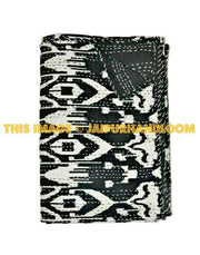 Ikat Quilt in Black, ikat Kantha Quilt Ikat throw Blanket-Jaipur Handloom