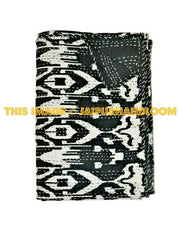 Ikat Quilt in Black, ikat Kantha Quilt Ikat throw Blanket-Jaipur Handloom