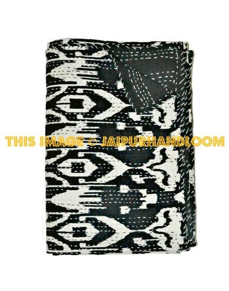Ikat Quilt in Black, ikat Kantha Quilt Ikat throw Blanket-Jaipur Handloom