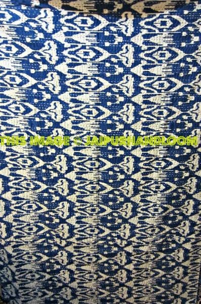 Ikat Quilt in Blue, Queen kantha Quilt, Queen Bedcover Blanet, Sofa Throw, Indian Queen Bedspread-Jaipur Handloom