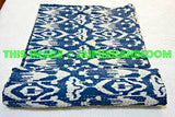 Ikat Quilt in Blue, Queen kantha Quilt, Queen Bedcover Blanet, Sofa Throw, Indian Queen Bedspread-Jaipur Handloom