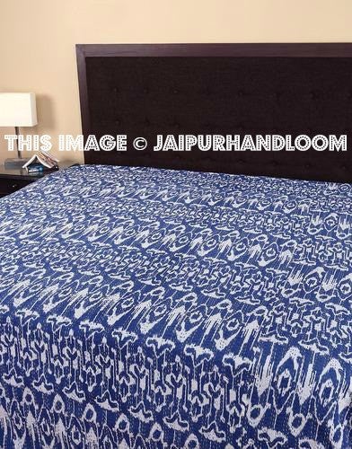 Ikat Quilt in Blue, Queen kantha Quilt, Queen Bedcover Blanet, Sofa Throw, Indian Queen Bedspread-Jaipur Handloom