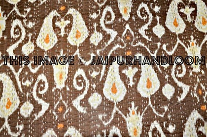 Ikat Quilt in Brown, queen ikat Kantha Quilt, queen Ikat throw, Ikat Blanket, queen Blanket, Ikat Kantha Bed Cover, ikat bedspread-Jaipur Handloom