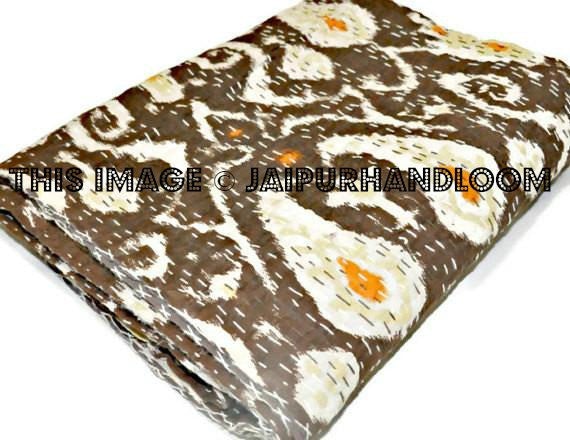 Ikat Quilt in Brown, queen ikat Kantha Quilt, queen Ikat throw, Ikat Blanket, queen Blanket, Ikat Kantha Bed Cover, ikat bedspread-Jaipur Handloom