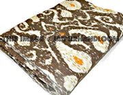 Ikat Quilt in Brown, queen ikat Kantha Quilt, queen Ikat throw, Ikat Blanket, queen Blanket, Ikat Kantha Bed Cover, ikat bedspread-Jaipur Handloom