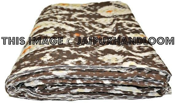 Ikat Quilt in Brown, queen ikat Kantha Quilt, queen Ikat throw, Ikat Blanket, queen Blanket, Ikat Kantha Bed Cover, ikat bedspread-Jaipur Handloom