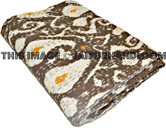 Ikat Quilt in Brown, queen ikat Kantha Quilt, queen Ikat throw, Ikat Blanket, queen Blanket, Ikat Kantha Bed Cover, ikat bedspread-Jaipur Handloom