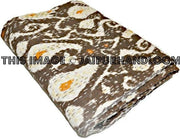 Ikat Quilt in Brown, queen ikat Kantha Quilt, queen Ikat throw, Ikat Blanket, queen Blanket, Ikat Kantha Bed Cover, ikat bedspread-Jaipur Handloom