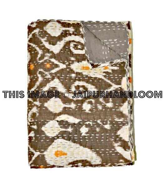 Ikat Quilt in Brown, queen ikat Kantha Quilt, queen Ikat throw, Ikat Blanket, queen Blanket, Ikat Kantha Bed Cover, ikat bedspread-Jaipur Handloom
