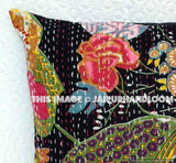 Indian Black Handmade Kantha Pillow, Kantha Decorative throw Pillow, kantha cushion, Floral Pillow Cushion, Indian Pillow, Cotton Pillow-Jaipur Handloom