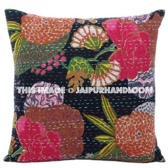 Indian Black Handmade Kantha Pillow, Kantha Decorative throw Pillow, kantha cushion, Floral Pillow Cushion, Indian Pillow, Cotton Pillow-Jaipur Handloom