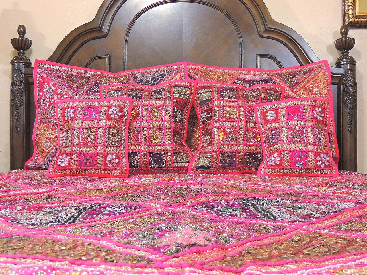 Indian Bohemian Patchwork Living Room Tapestries Pink Boho Bed cover-Jaipur Handloom