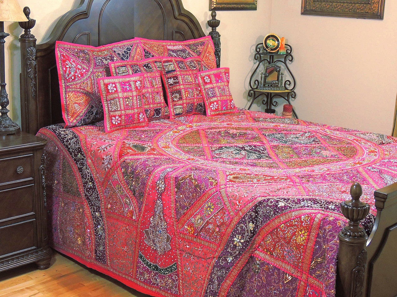 Indian Bohemian Patchwork Living Room Tapestries Pink Boho Bed cover-Jaipur Handloom