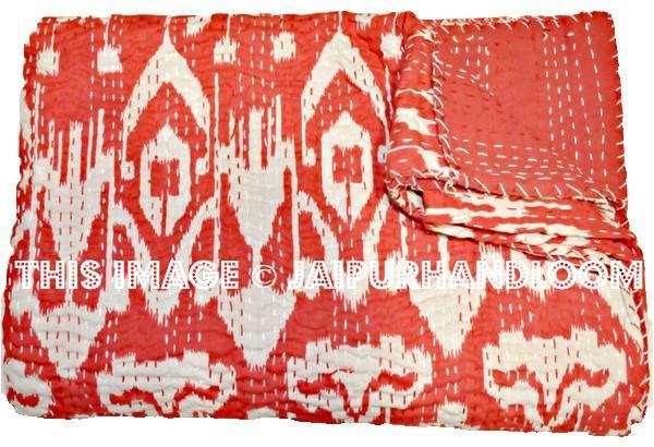 Indian Cotton Ikat kantha Quilt in Red, Sari Ikat quilt Queen blanket throw quilted bedspread bed cover, handmade reversible ikat quilt-Jaipur Handloom