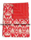 Indian Cotton Ikat kantha Quilt in Red, Sari Ikat quilt Queen blanket throw quilted bedspread bed cover, handmade reversible ikat quilt-Jaipur Handloom