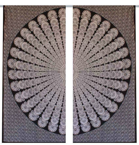 Indian Curtain Wall Hanging Peacock Mandala Tapestry Door Valance Curtains Pair-Jaipur Handloom