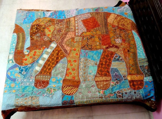 Indian Elephant Embroidered Bed cover Bohemian Patchwork twin Blanket-Jaipur Handloom