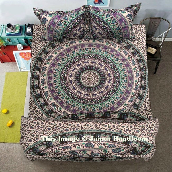 Indian Elephant Mandala Duvet Cover Full Bed Set With Bedspread & 2 Pillow Cover-Jaipur Handloom