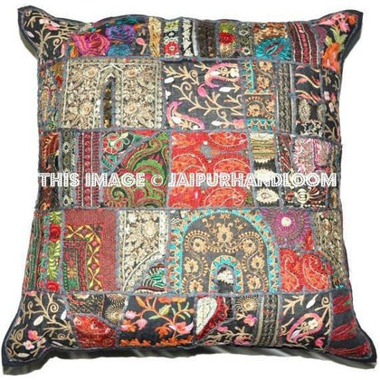 Indian Embroidered Throw Pillows For Couch Handmade Patchwork Sofa Cushions-Jaipur Handloom