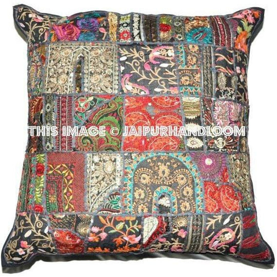 Indian Embroidered Throw Pillows For Couch Handmade Patchwork Sofa Cushions-Jaipur Handloom