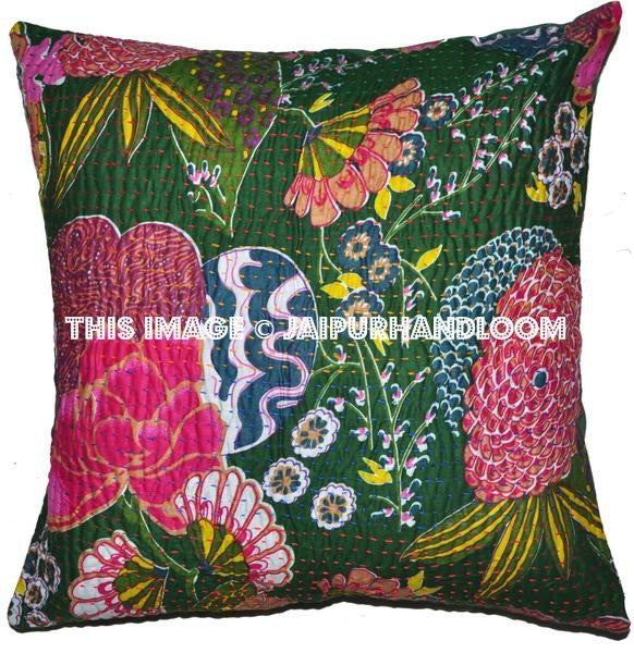 Indian Green Kantha Cushion covers, Hippie Kantha Pillow Cover, decorative throw pillows, Handmade Floral Kantha Pillow, sofa Pillow Cushion-Jaipur Handloom