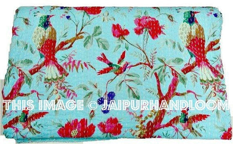 Indian Handmade Kantha Quilt, Floral Kantha Blanket, Kantha Bedspread in Blue, Decorative Curtain-Jaipur Handloom