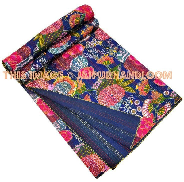 Indian Handmade Quilt Tropicana Kantha Bedspread Throw Cotton Blanket-Jaipur Handloom