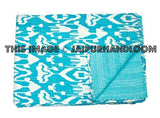 Indian Ikat kantha Quilt in Turquoise bedspread bed cover-Jaipur Handloom