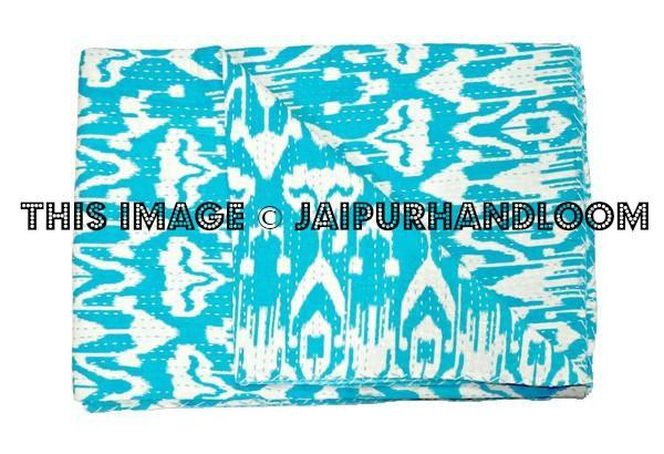 Indian Ikat kantha Quilt in Turquoise bedspread bed cover-Jaipur Handloom