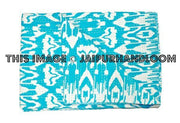 Indian Ikat kantha Quilt in Turquoise bedspread bed cover-Jaipur Handloom
