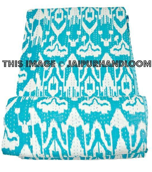 Indian Ikat kantha Quilt in Turquoise bedspread bed cover-Jaipur Handloom
