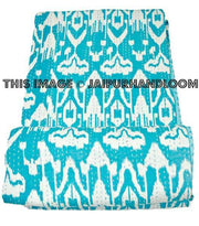 Indian Ikat kantha Quilt in Turquoise bedspread bed cover-Jaipur Handloom