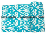 Indian Ikat kantha Quilt in Turquoise bedspread bed cover-Jaipur Handloom