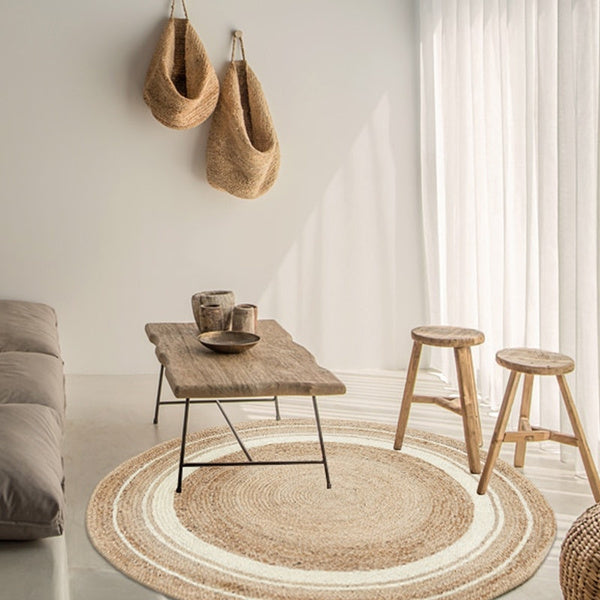 Jaipur handloom - Indian Jute Round Rug Circle Rugs White round rug for Living Room Carpet
