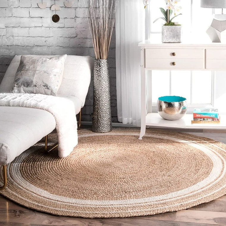 Jaipur handloom - Indian Jute Round Rug Circle Rugs White round rug for Living Room Carpet