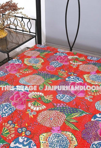 Orange Indian Kantha Quilt Queen Bedspread Floral Print Handmade Quilt Kantha Bed Cover-Jaipur Handloom