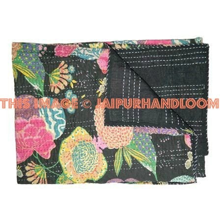 Indian Kantha Quilt Queen Bedspread in Black Sari Quilt-Jaipur Handloom