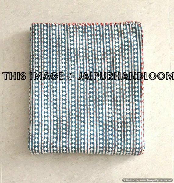 Indian Kantha Quilt Queen Hand block Blanket bedspread-Jaipur Handloom