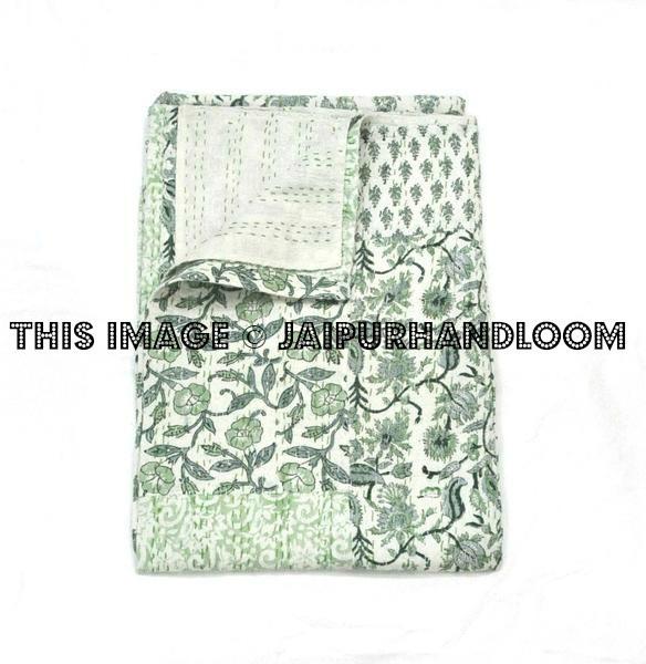 Indian Kantha Quilt in patchwork, Block print kantha Throw