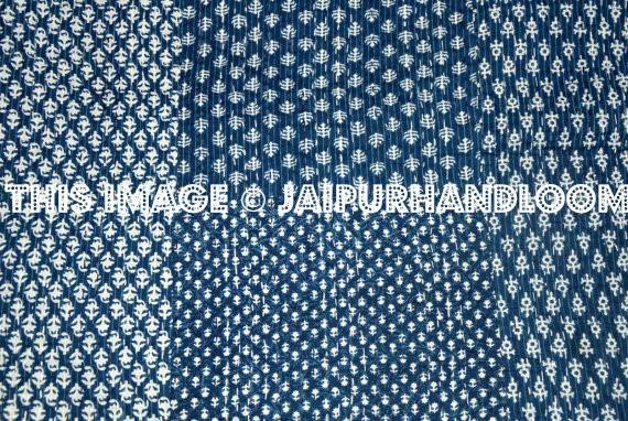 Indian Kantha Throw Indigo Floral Patchwork Kantha Bedding Queen Quilt
